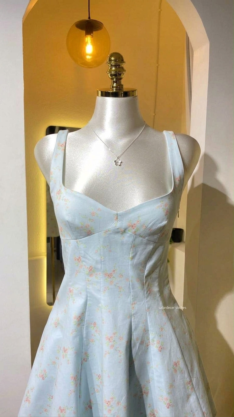 ZARA Vestido Princesa Tableado Floral Azul