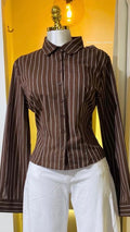 Camisa corta café de rayas